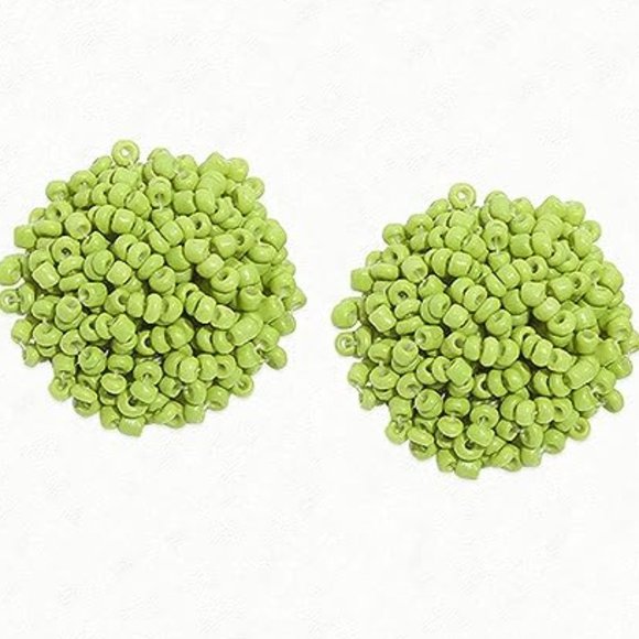 Light Green Pom Pom Big Beaded Puff Post Earrings Round Bohemian Seed Beads New - Picture 1 of 7